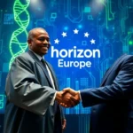 Digital illustration of a handshake between nigeria and eu representatives with tech symbols.