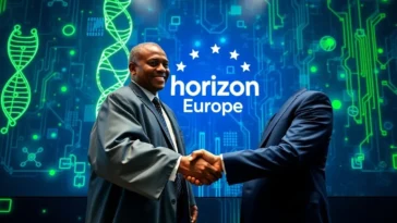 Digital illustration of a handshake between nigeria and eu representatives with tech symbols.