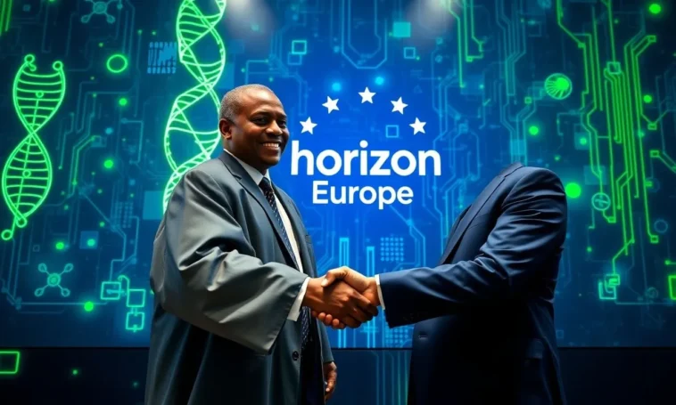 Digital illustration of a handshake between nigeria and eu representatives with tech symbols.