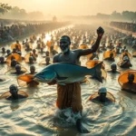 Thousands of fishermen in the matan fada river during the argungu festival.