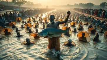 Thousands of fishermen in the Matan Fada River during the Argungu Festival.