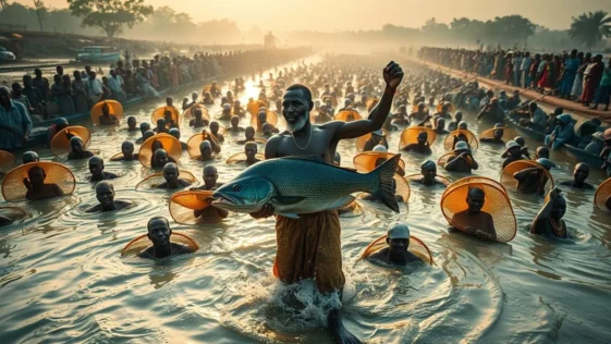 Thousands of fishermen in the matan fada river during the argungu festival.