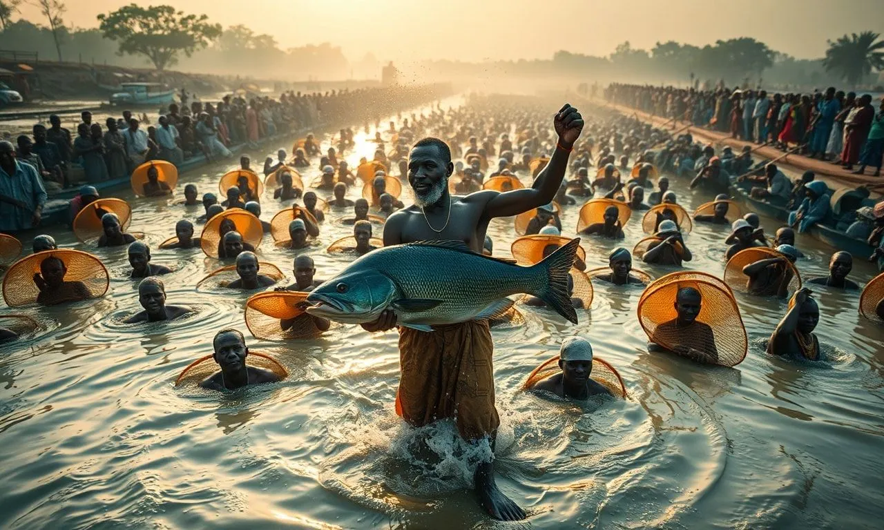 Thousands of fishermen in the matan fada river during the argungu festival.
