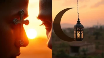 A symbolic image showing an ash wednesday cross and a ramadan crescent moon side by side.