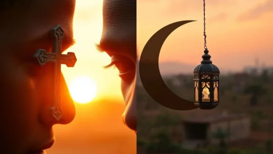 A symbolic image showing an ash wednesday cross and a ramadan crescent moon side by side.