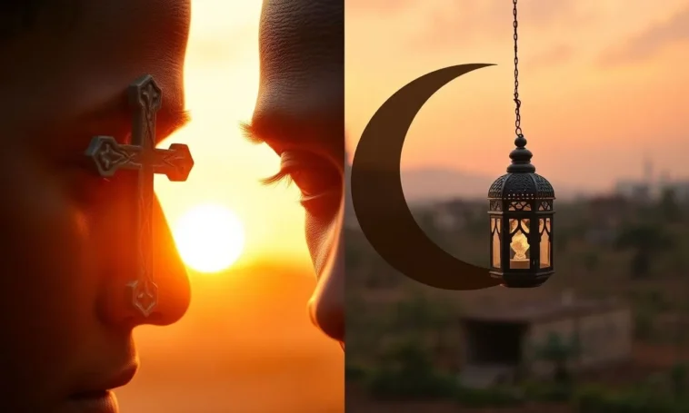 A symbolic image showing an ash wednesday cross and a ramadan crescent moon side by side.