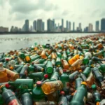 A massive pile of plastic bottles and waste in a nigerian river with a city skyline in the background.