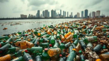 A massive pile of plastic bottles and waste in a nigerian river with a city skyline in the background.