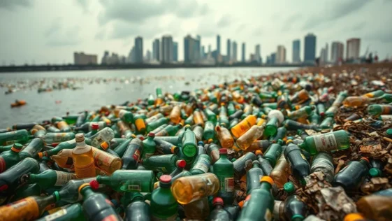 A massive pile of plastic bottles and waste in a nigerian river with a city skyline in the background.