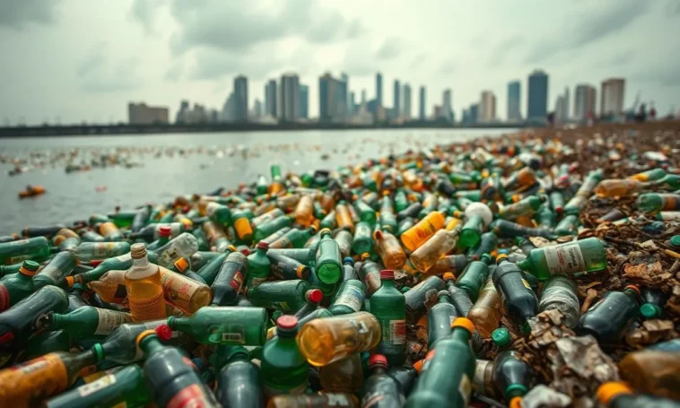 A massive pile of plastic bottles and waste in a nigerian river with a city skyline in the background.