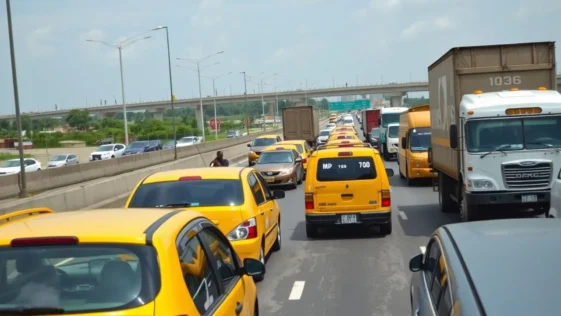 Aerial view of heavy vehicular traffic on a multi-lane nigerian highway.