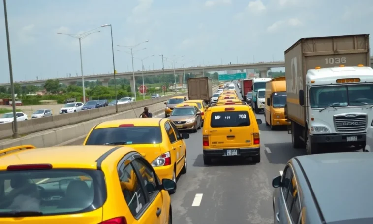 Aerial view of heavy vehicular traffic on a multi-lane nigerian highway.