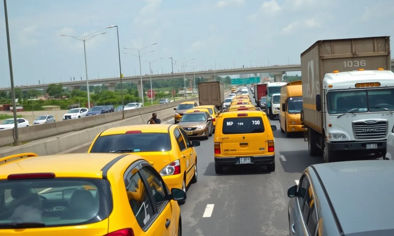 Aerial view of heavy vehicular traffic on a multi-lane nigerian highway.