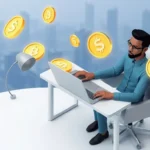 Illustration of digital stablecoin tokens representing financial stability for remote workers.