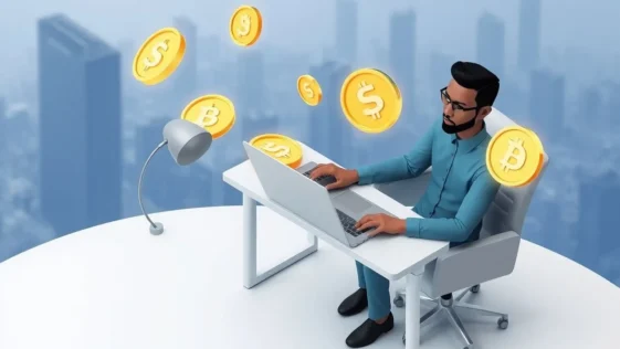 Illustration of digital stablecoin tokens representing financial stability for remote workers.