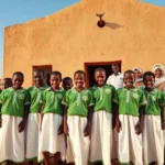 Young girls in uniforms standing proudly in front of a new community-built school in sokoto.