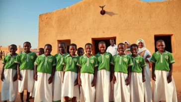 Young girls in uniforms standing proudly in front of a new community-built school in Sokoto.