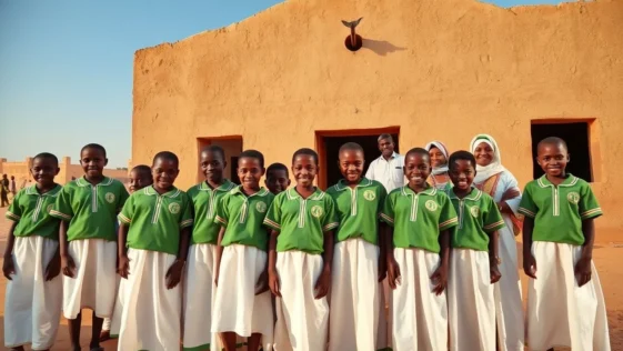 Young girls in uniforms standing proudly in front of a new community-built school in sokoto.