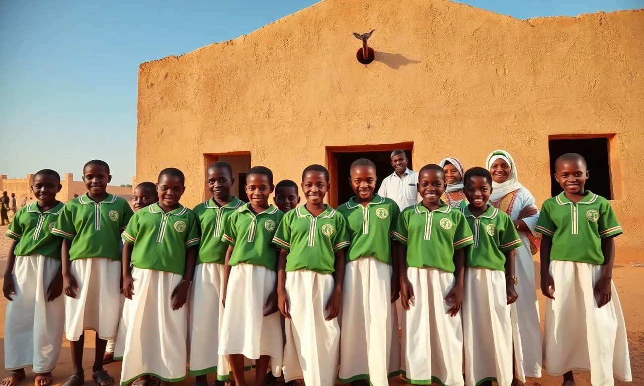 Young girls in uniforms standing proudly in front of a new community-built school in sokoto.