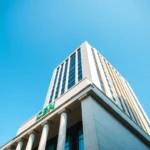 The glass and concrete facade of the central bank of nigeria building in abuja.