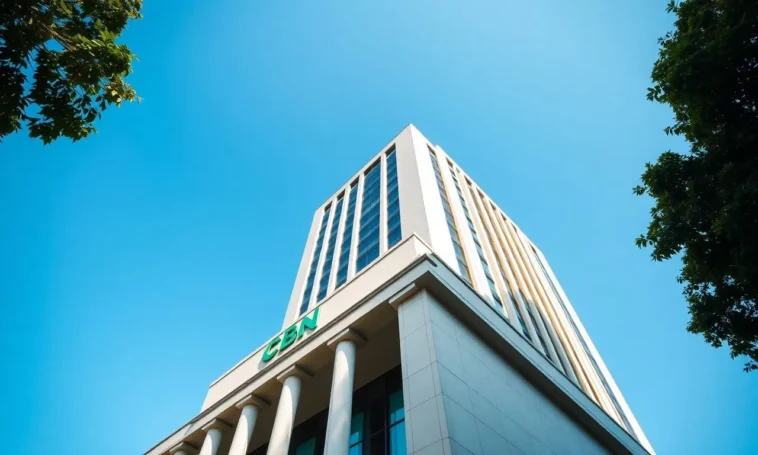The glass and concrete facade of the central bank of nigeria building in abuja.
