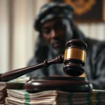 A gavel and nigerian currency symbolizing the nasir el-rufai efcc detention and corruption probe.