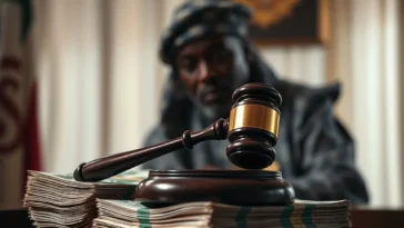 A gavel and nigerian currency symbolizing the nasir el-rufai efcc detention and corruption probe.