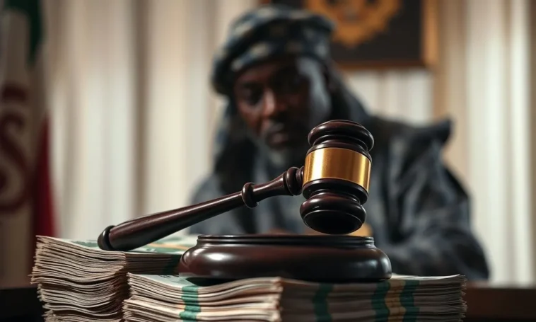 A gavel and nigerian currency symbolizing the nasir el-rufai efcc detention and corruption probe.