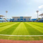A wide shot of a lush green football pitch at lekan salami stadium, ibadan.