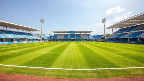 A wide shot of a lush green football pitch at Lekan Salami Stadium, Ibadan.