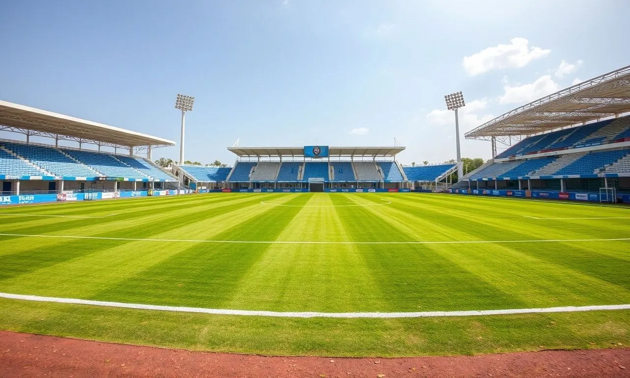A wide shot of a lush green football pitch at lekan salami stadium, ibadan.
