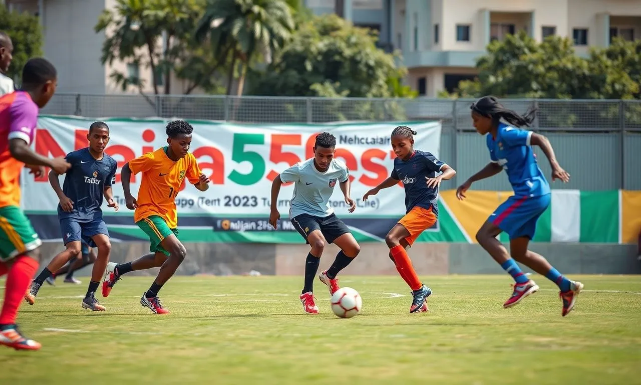 Young nigerian footballers competing in a high-energy 5-aside naija5fest tournament match.