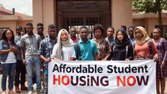 Nans officials during a press conference or protest regarding student rent hikes.