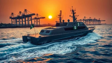 A modern Nigerian Navy warship built locally, sailing at sunset.