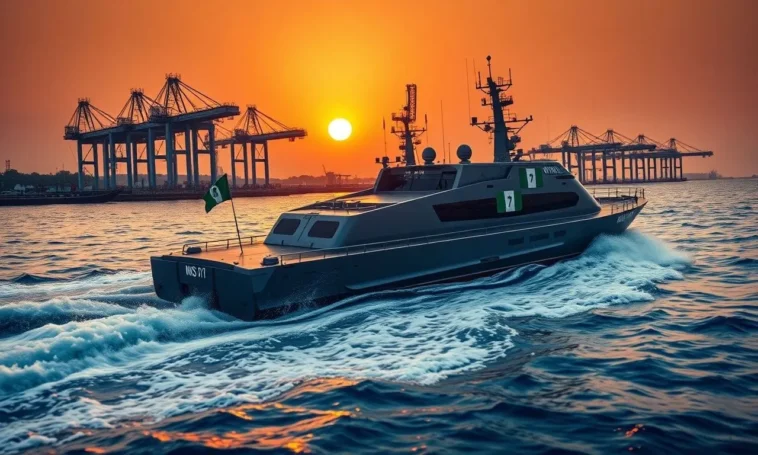 A modern Nigerian Navy warship built locally, sailing at sunset.