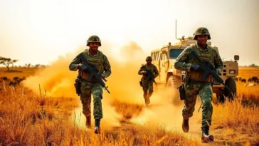 Nigerian soldiers and military vehicles patrolling the kwara savannah during operation savannah shield.