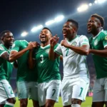 Nigerian football players in green jerseys celebrating on the pitch.