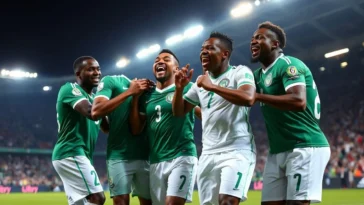 Nigerian football players in green jerseys celebrating on the pitch.