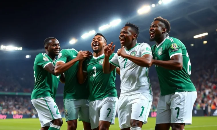 Nigerian football players in green jerseys celebrating on the pitch.
