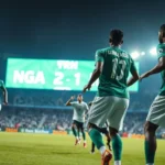 Nigerian football players in the green home kit celebrating a goal on the pitch.