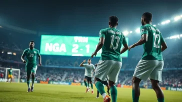Nigerian football players in the green home kit celebrating a goal on the pitch.