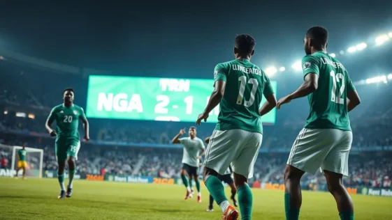 Nigerian football players in the green home kit celebrating a goal on the pitch.