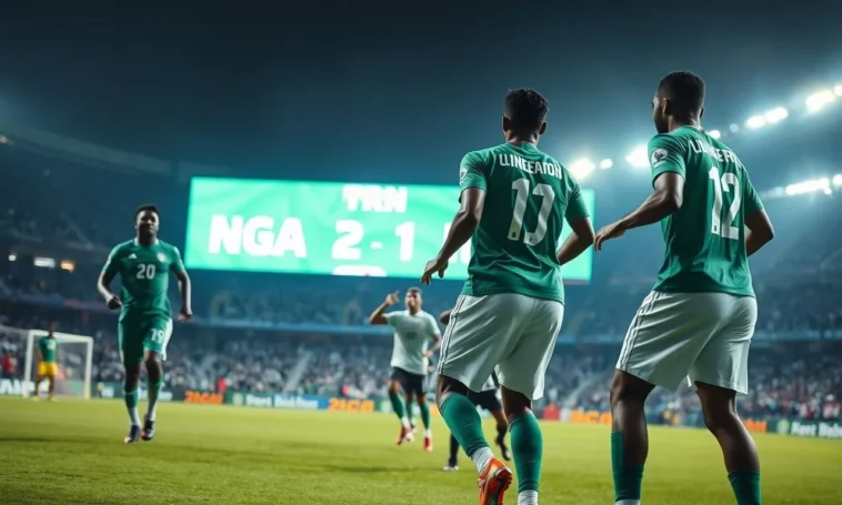 Nigerian football players in the green home kit celebrating a goal on the pitch.